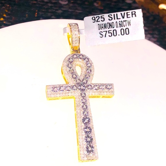 Real Diamond Egyptian Ankh Cross Charm Pendant • 10K Gold Vermeil • Men Gift - Picture 1 of 6